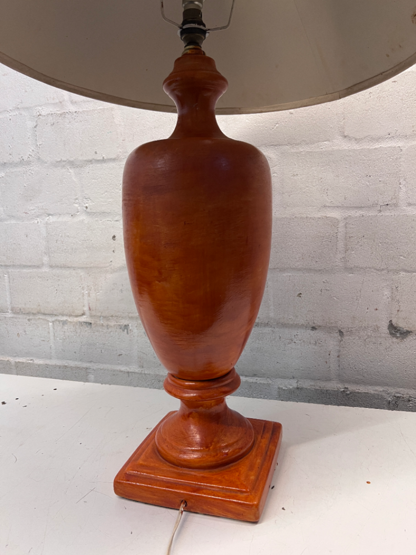 Tan Orange Urn Style Table Lamp with Cream Shade — Visible Wear and Tear