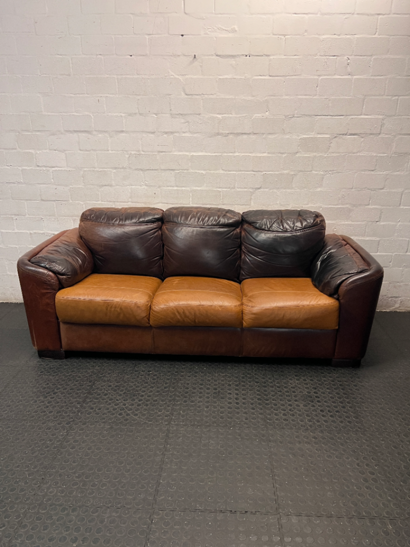 Three Seater Two-Tone Brown Leather Couch — Good Working Order