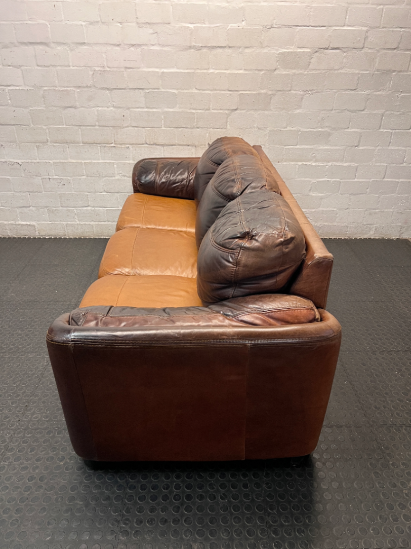 Three Seater Two-Tone Brown Leather Couch — Good Working Order