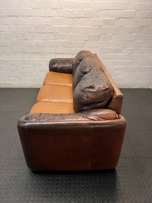 Three Seater Two-Tone Brown Leather Couch — Good Working Order