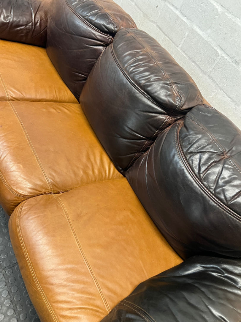 Three Seater Two-Tone Brown Leather Couch — Good Working Order