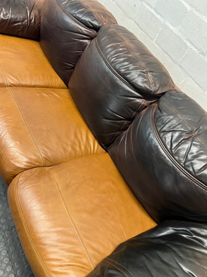 Three Seater Two-Tone Brown Leather Couch — Good Working Order