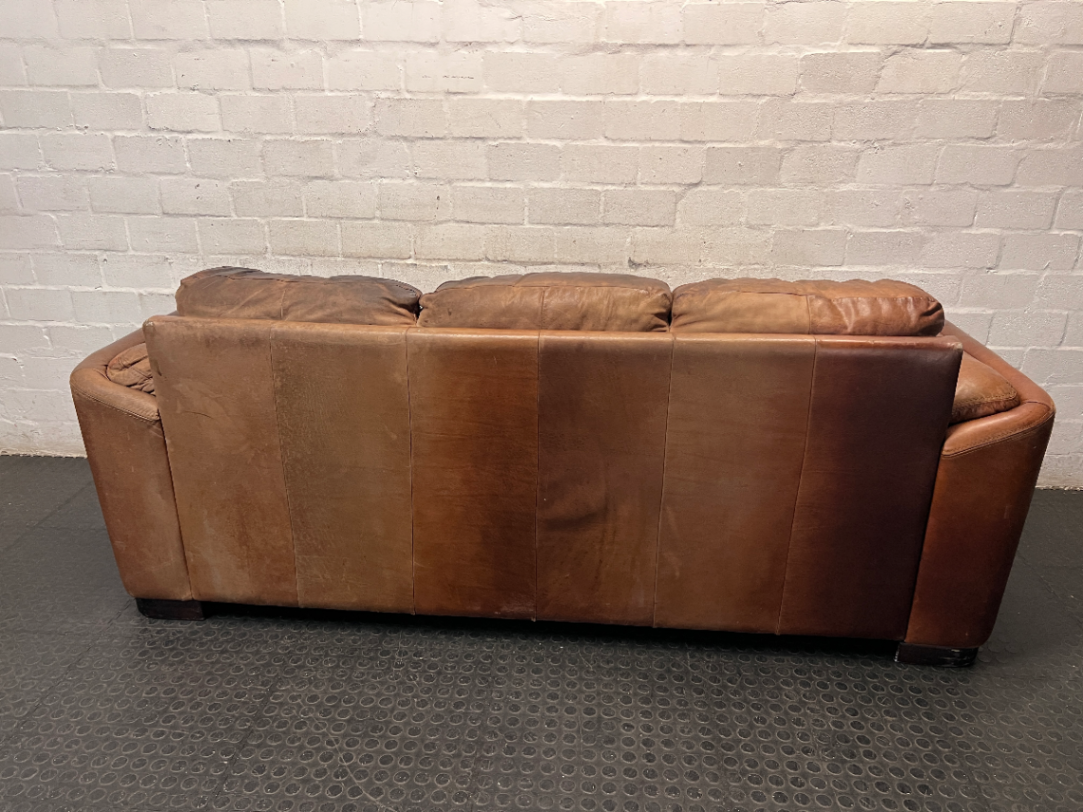 Three Seater Two-Tone Brown Leather Couch — Good Working Order