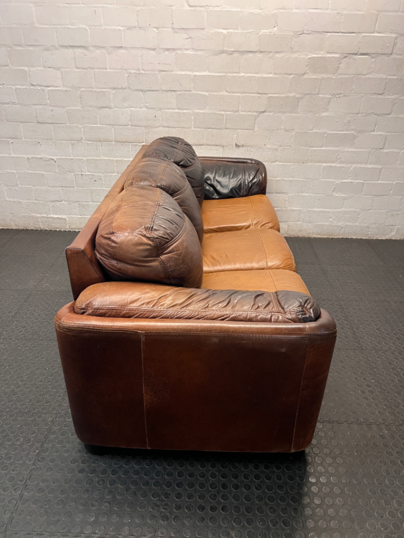 Three Seater Two-Tone Brown Leather Couch — Good Working Order
