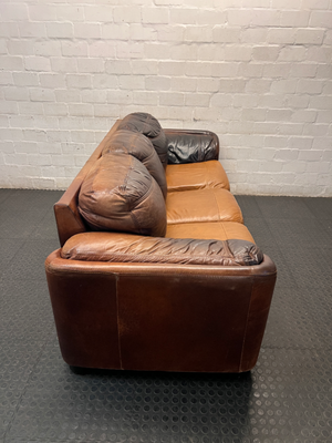 Three Seater Two-Tone Brown Leather Couch — Good Working Order
