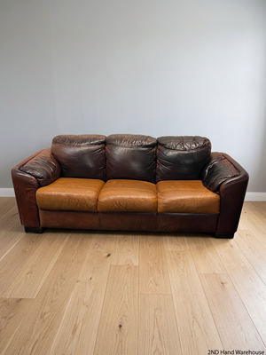 Three Seater Two-Tone Brown Leather Couch — Good Working Order