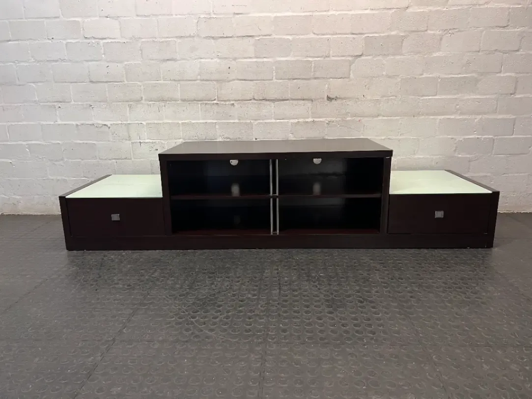 Tiered Wide Brown TV Unit with Glass Inlay — Well Used with Visible Wear