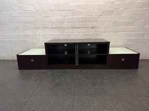 Tiered Wide Brown TV Unit with Glass Inlay — Well Used with Visible Wear