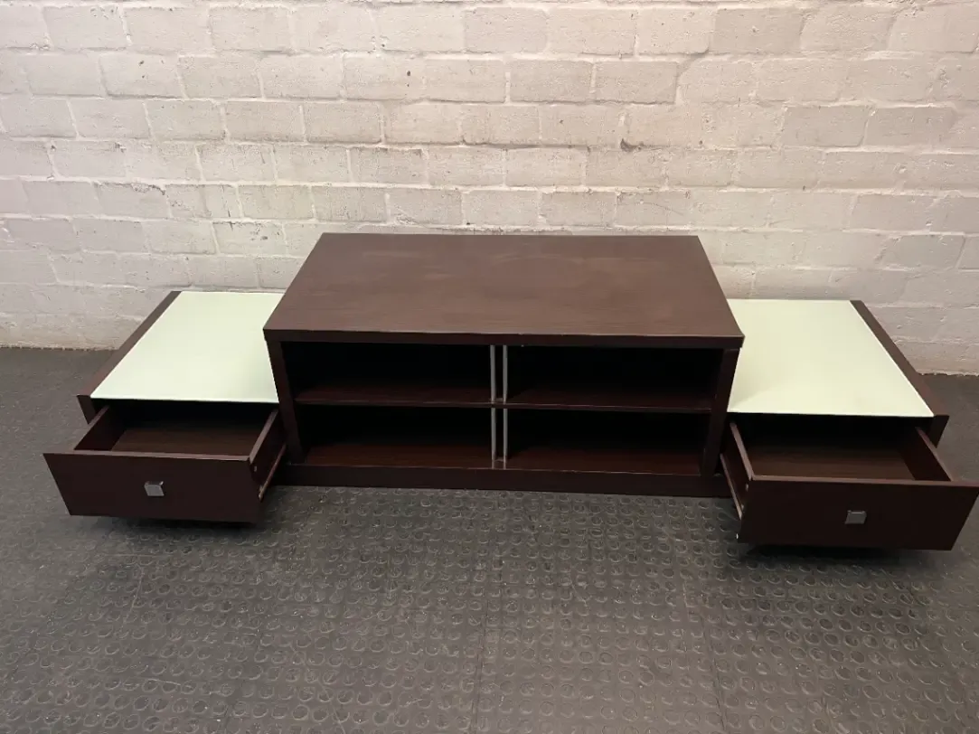 Tiered Wide Brown TV Unit with Glass Inlay — Well Used with Visible Wear