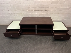 Tiered Wide Brown TV Unit with Glass Inlay — Well Used with Visible Wear