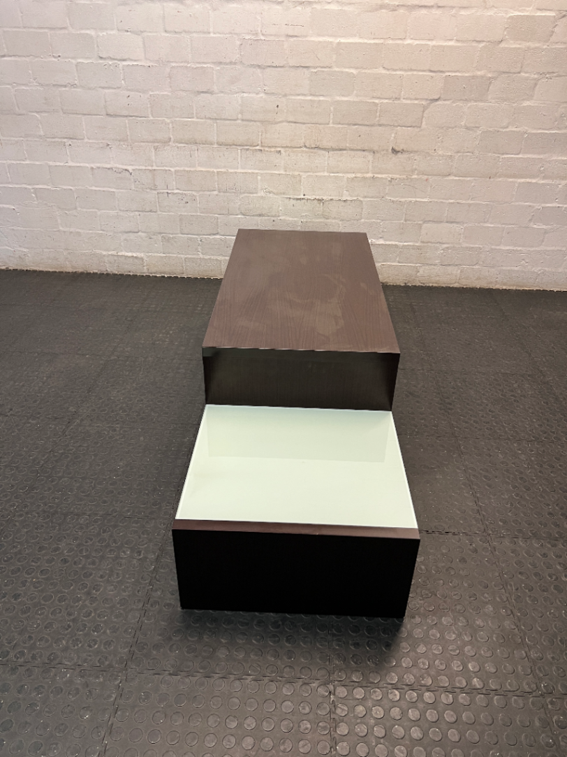 Tiered Wide Brown TV Unit with Glass Inlay — Well Used with Visible Wear