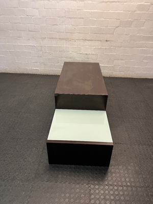 Tiered Wide Brown TV Unit with Glass Inlay — Well Used with Visible Wear