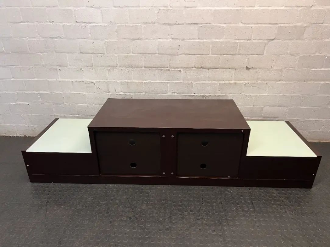 Tiered Wide Brown TV Unit with Glass Inlay — Well Used with Visible Wear