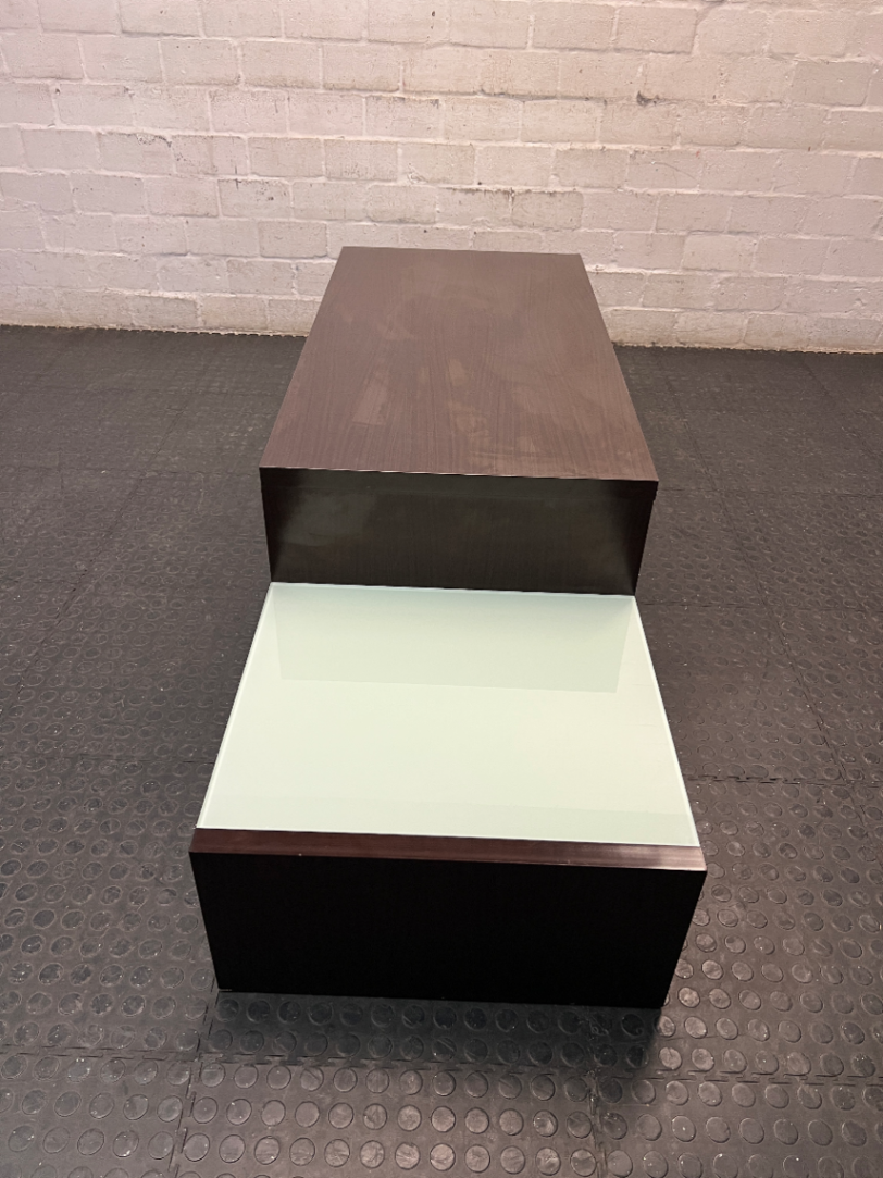 Tiered Wide Brown TV Unit with Glass Inlay — Well Used with Visible Wear