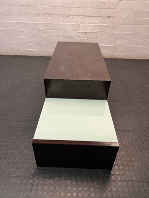 Tiered Wide Brown TV Unit with Glass Inlay — Well Used with Visible Wear