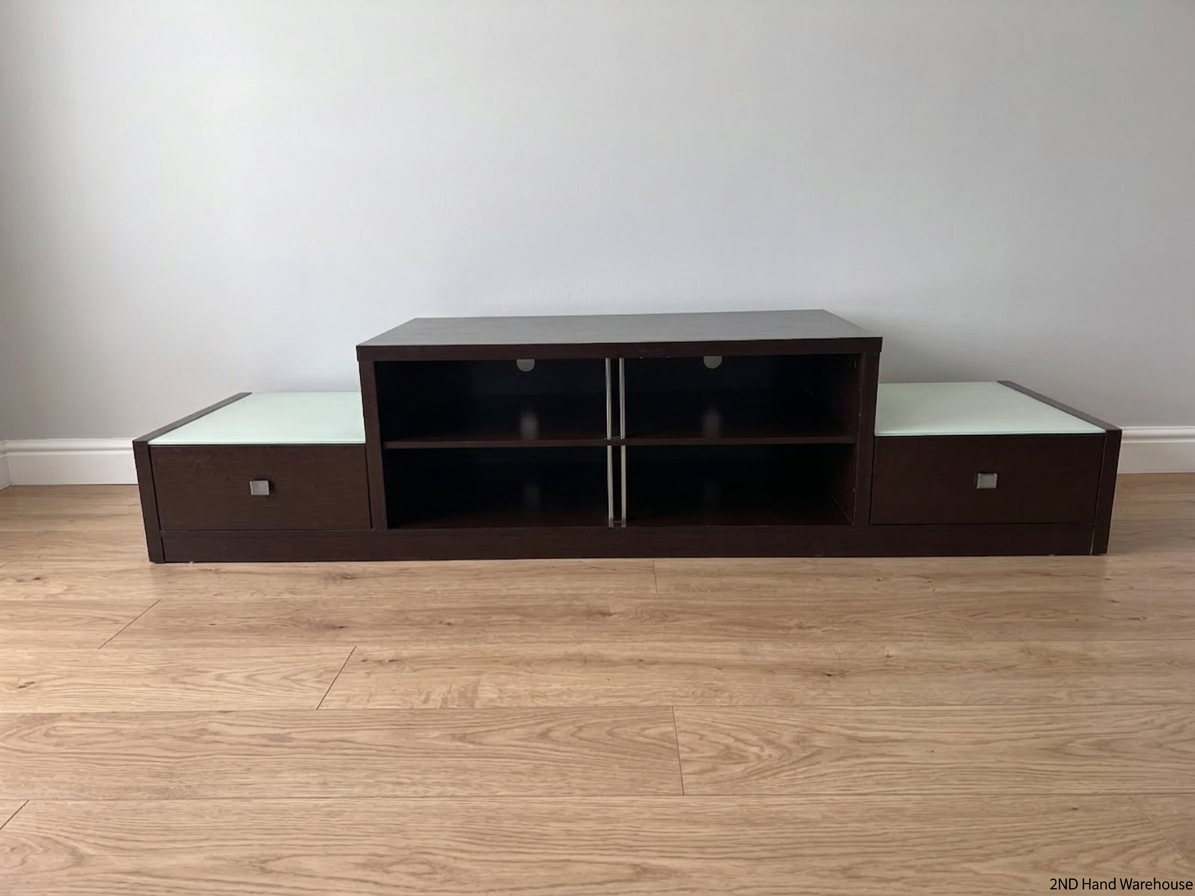 Tiered Wide Brown TV Unit with Glass Inlay — Well Used with Visible Wear
