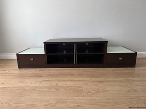 Tiered Wide Brown TV Unit with Glass Inlay — Well Used with Visible Wear