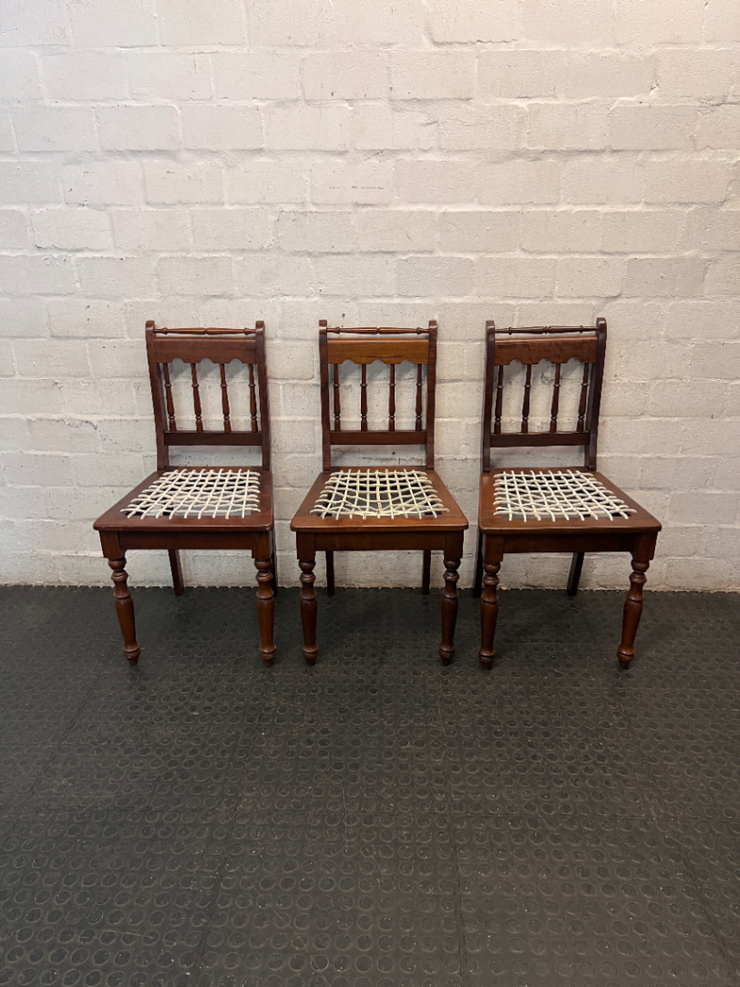 Traditional Brown Wooden Dining Chair with Woven Seat — Overall Good Condition