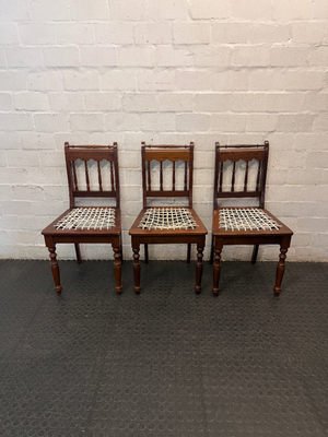 Traditional Brown Wooden Dining Chair with Woven Seat — Overall Good Condition