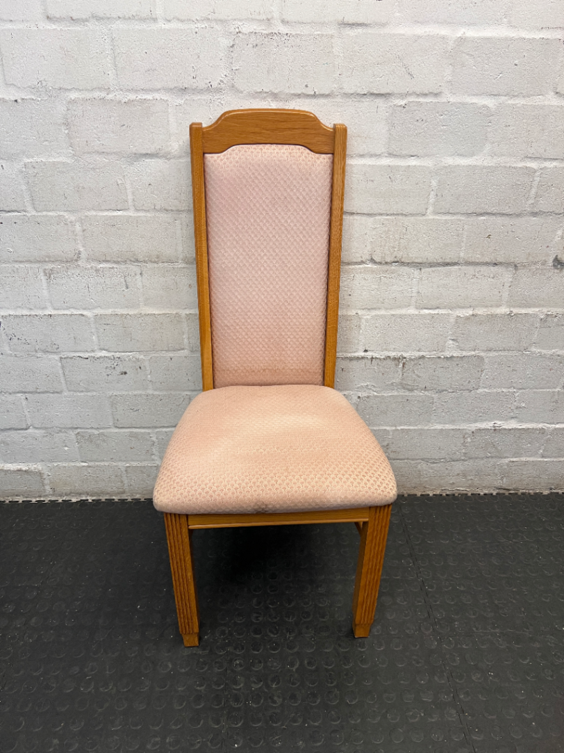 Traditional High-Back Upholstered Dining Chair in Oak Finish — Worn Condition