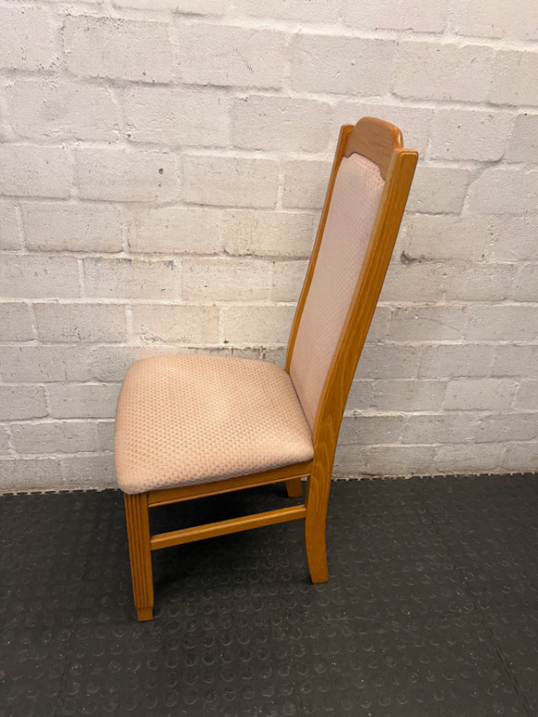 Traditional High-Back Upholstered Dining Chair in Oak Finish — Worn Condition