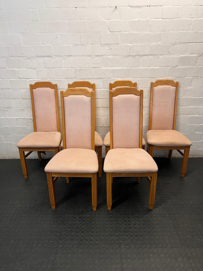 Traditional High-Back Upholstered Dining Chair in Oak Finish — Worn Condition
