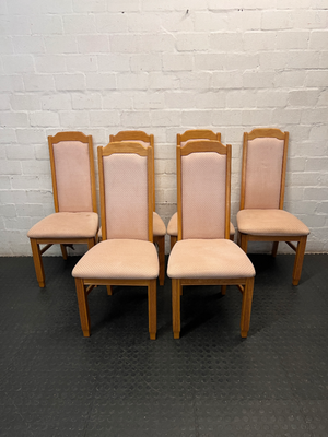 Traditional High-Back Upholstered Dining Chair in Oak Finish — Worn Condition