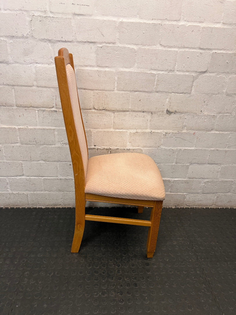 Traditional High-Back Upholstered Dining Chair in Oak Finish — Worn Condition