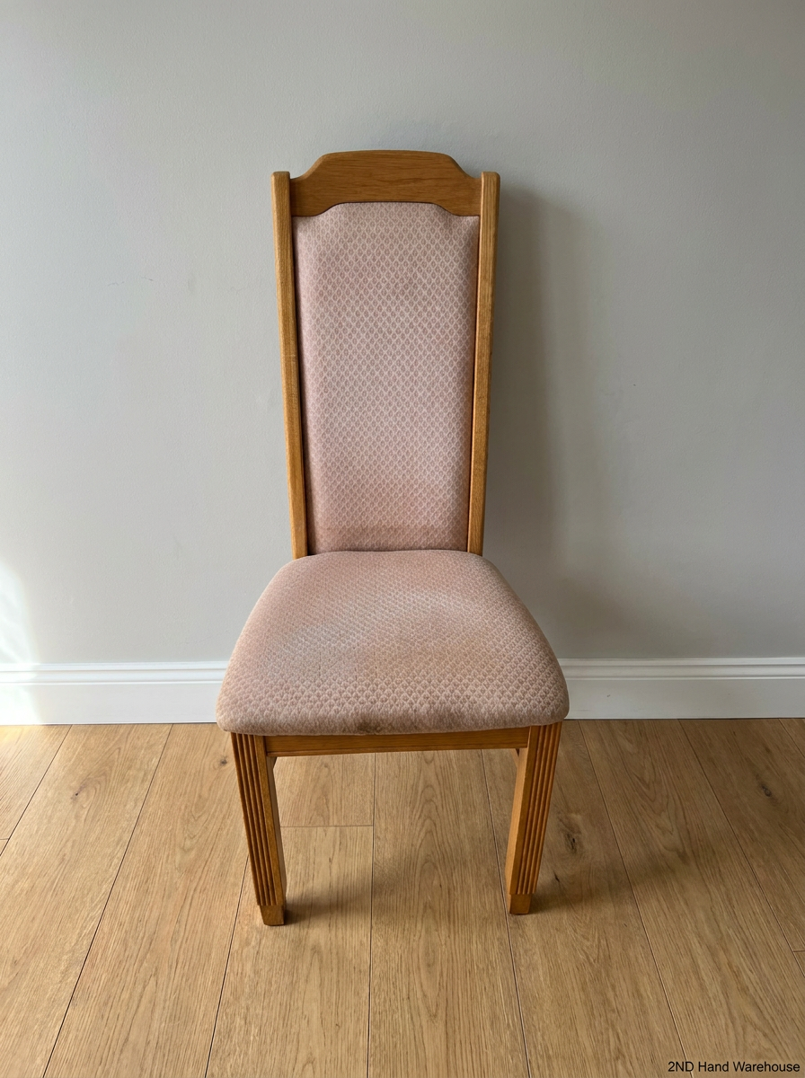 Traditional High-Back Upholstered Dining Chair in Oak Finish — Worn Condition