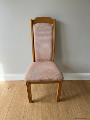Traditional High-Back Upholstered Dining Chair in Oak Finish — Worn Condition