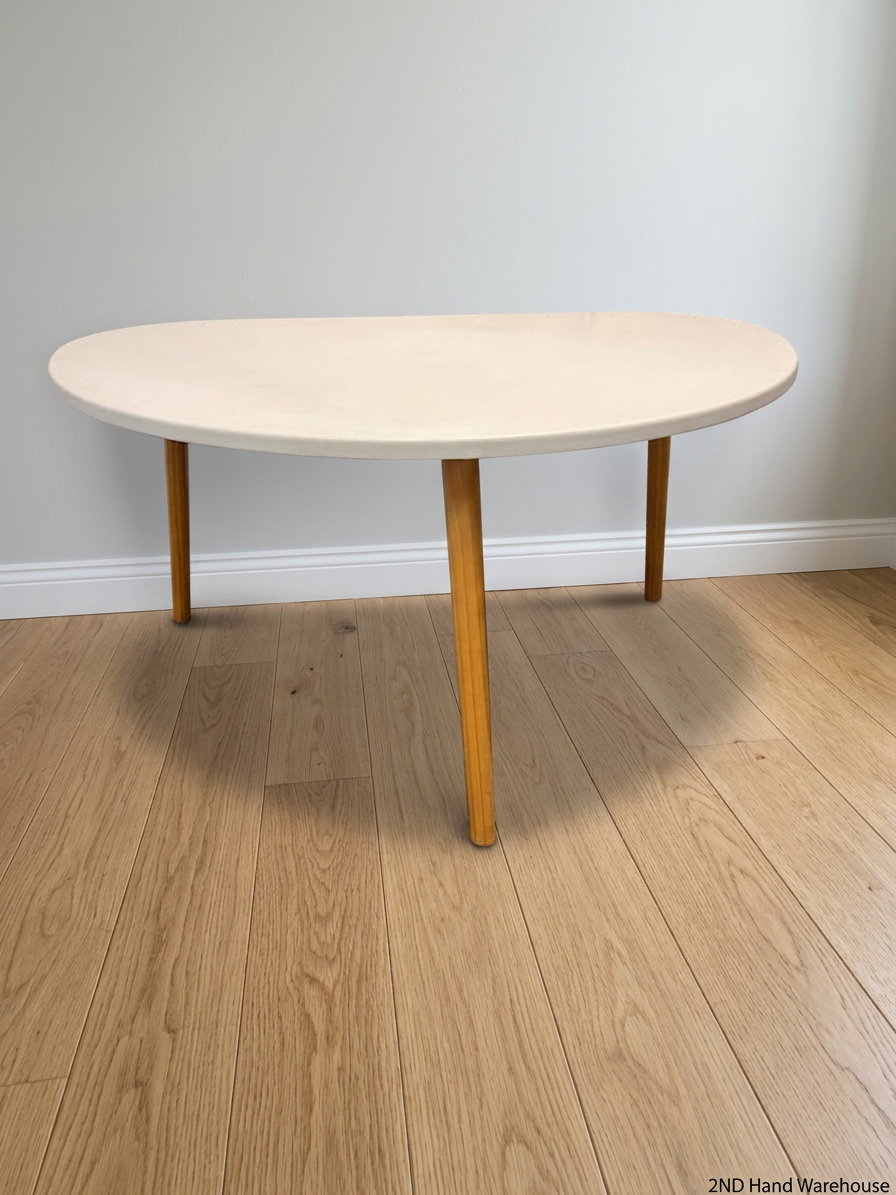 Triangular White Coffee Table with Tapered Wooden Legs