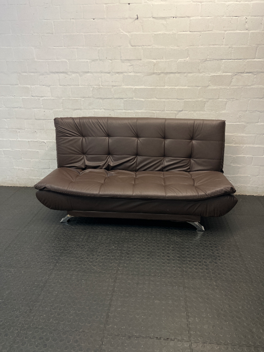 Tufted Faux-Leather Sleeper Couch with Metallic Legs