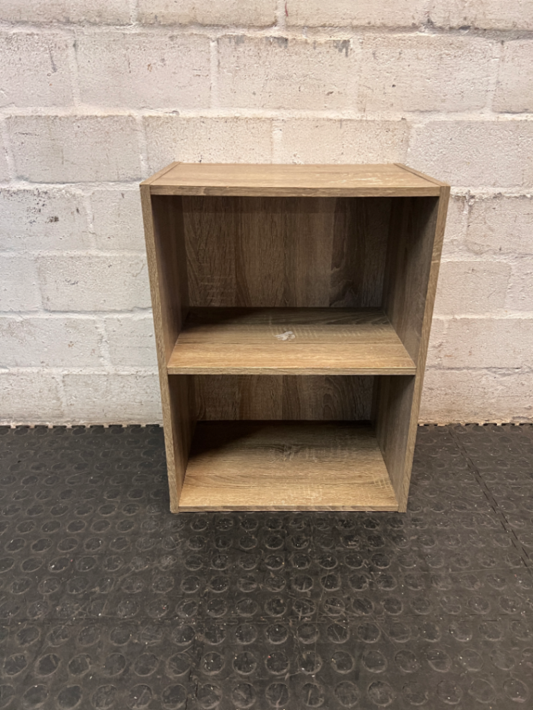 Two-Tier Wood Grain Bedside Table — Visible Surface Wear and Marks