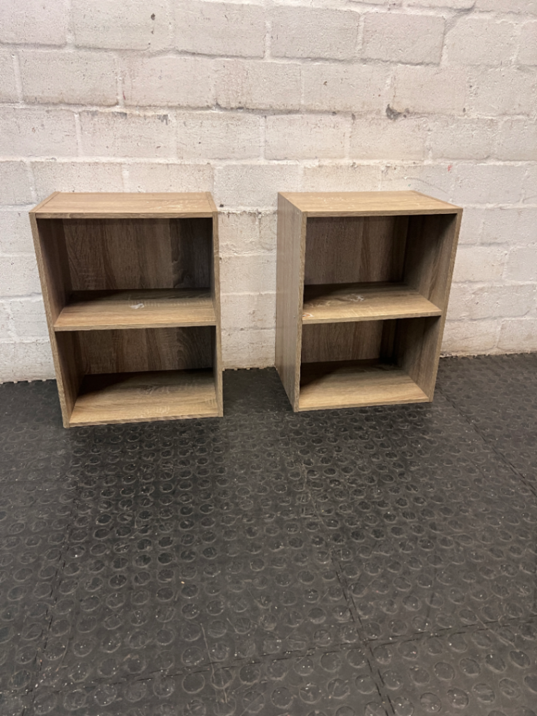 Two-Tier Wood Grain Bedside Table — Visible Surface Wear and Marks