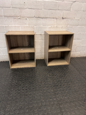 Two-Tier Wood Grain Bedside Table — Visible Surface Wear and Marks