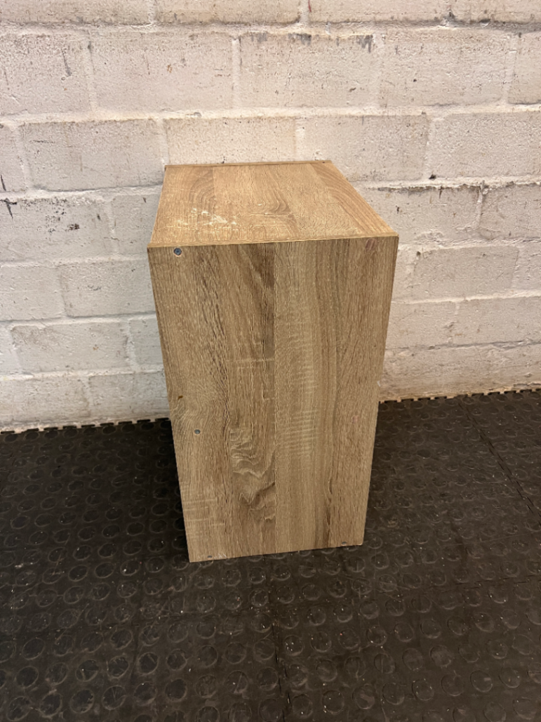 Two-Tier Wood Grain Bedside Table — Visible Surface Wear and Marks