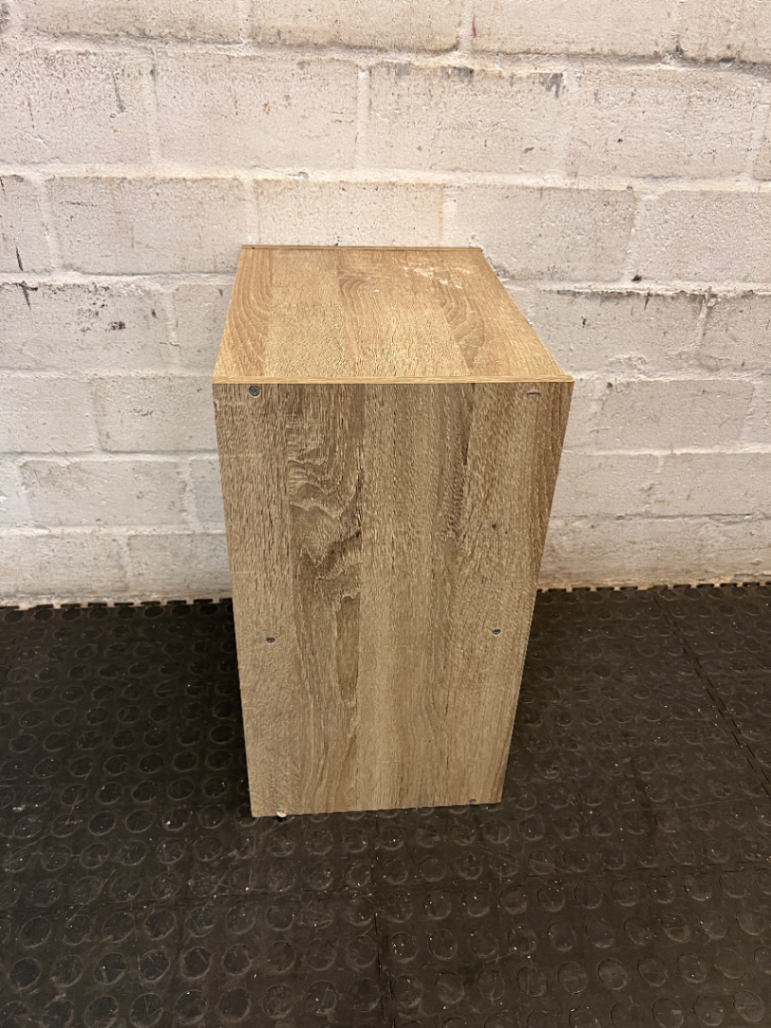 Two-Tier Wood Grain Bedside Table — Visible Surface Wear and Marks