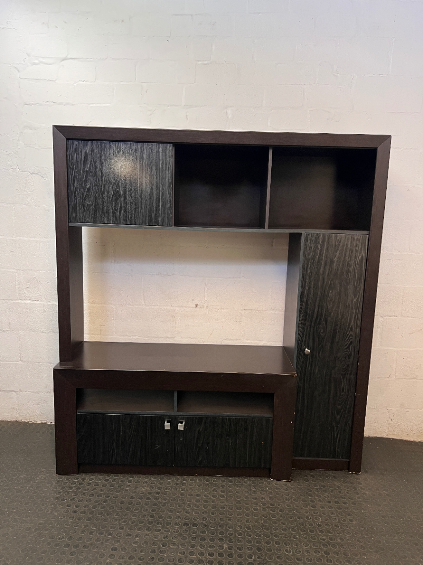 Two-Tone Dark Brown Wooden Wall Unit & TV Stand — Regular Wear and Tear with Visible Scuffs