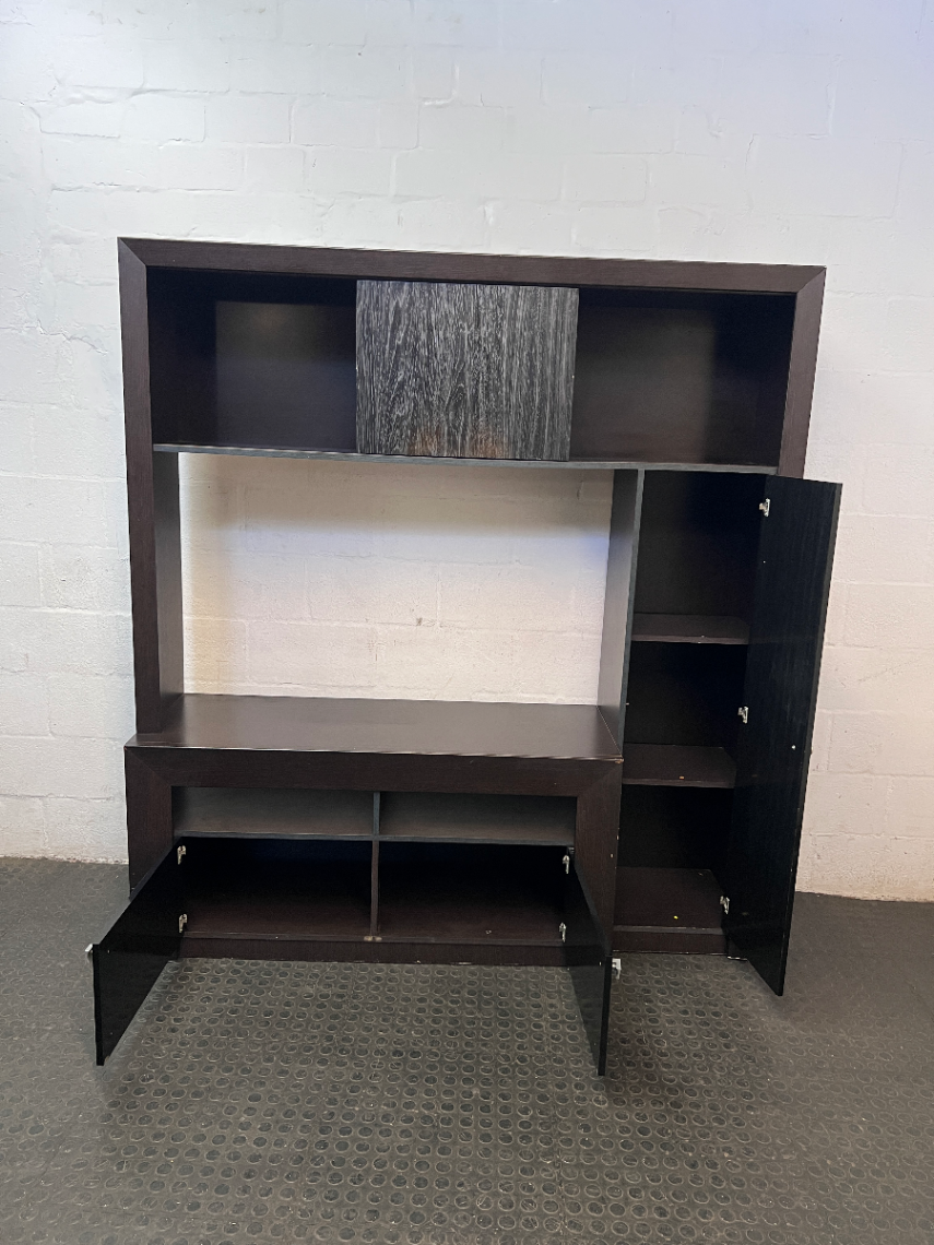 Two-Tone Dark Brown Wooden Wall Unit & TV Stand — Regular Wear and Tear with Visible Scuffs