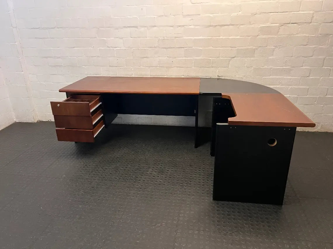 Two-Tone L-Shaped Office Desk with Drawers — Fair Condition with Visible Surface W - 2ndhandwarehouse.com