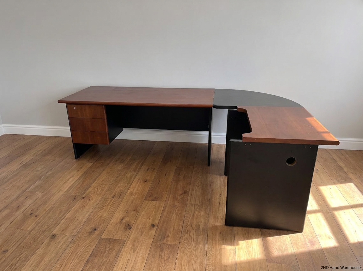 Two-Tone L-Shaped Office Desk with Drawers — Fair Condition with Visible Surface W - 2ndhandwarehouse.com