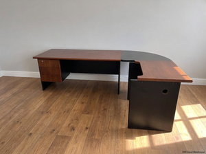 Two-Tone L-Shaped Office Desk with Drawers — Fair Condition with Visible Surface W - 2ndhandwarehouse.com