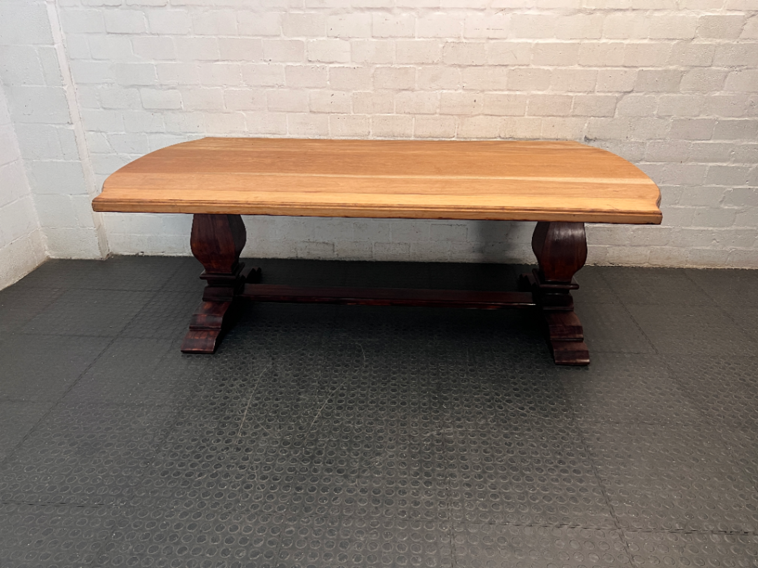 Two-Tone Wooden Trestle Dining Table — Visible Wear to Wood Surface