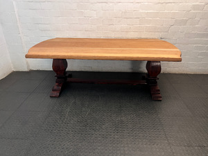 Two-Tone Wooden Trestle Dining Table — Visible Wear to Wood Surface