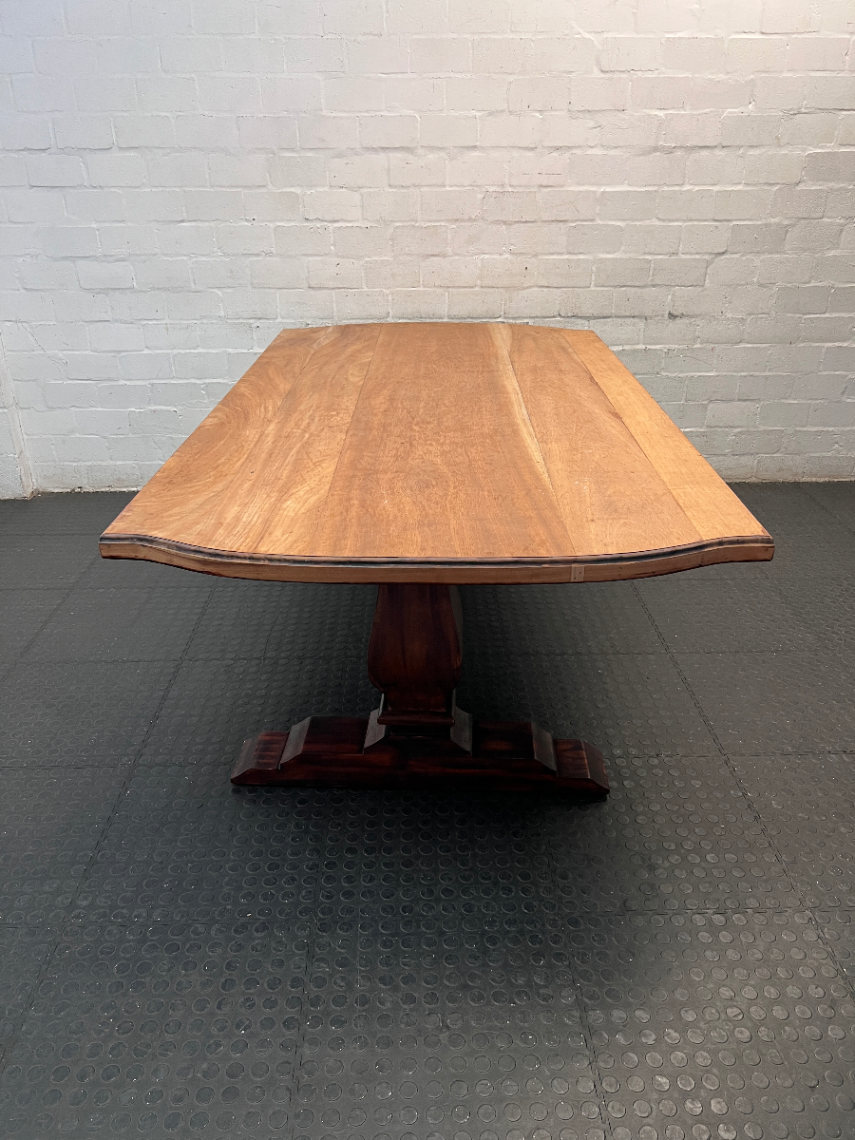 Two-Tone Wooden Trestle Dining Table — Visible Wear to Wood Surface