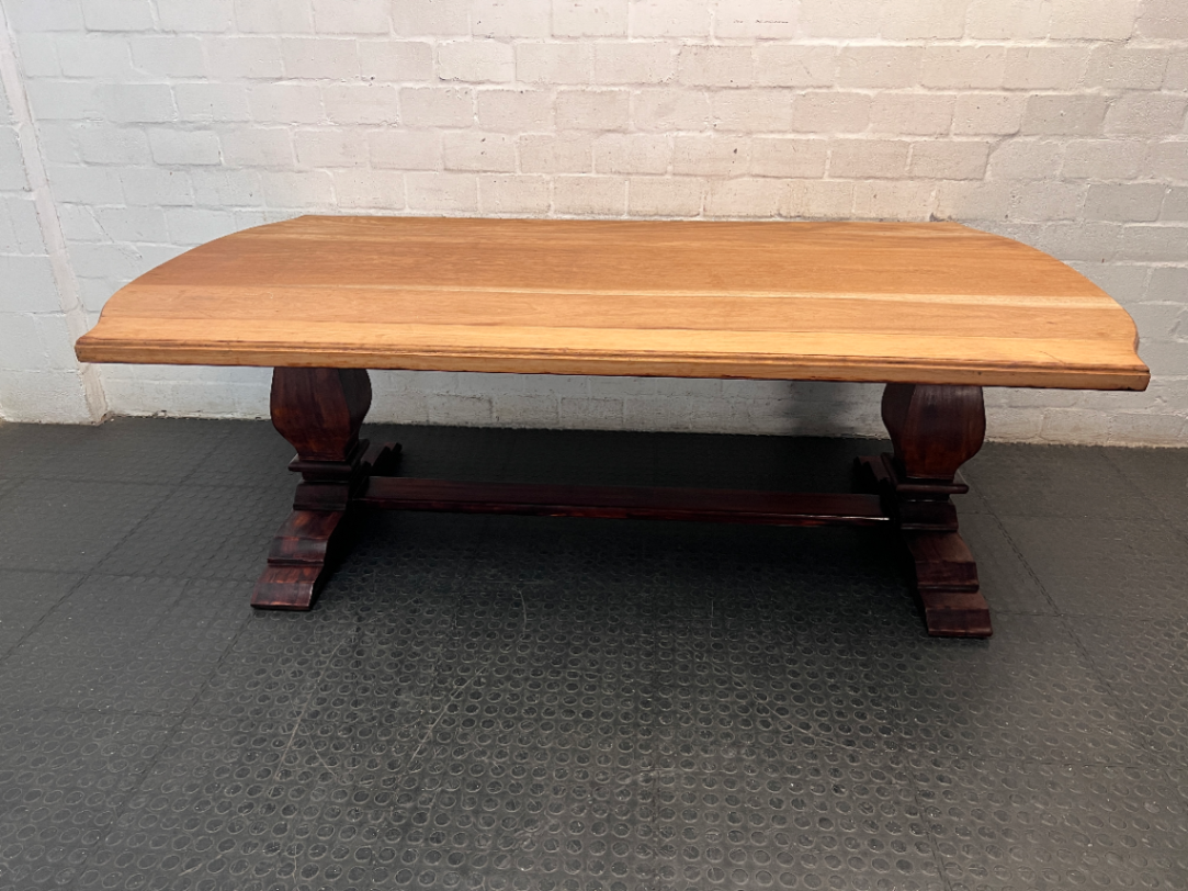 Two-Tone Wooden Trestle Dining Table — Visible Wear to Wood Surface