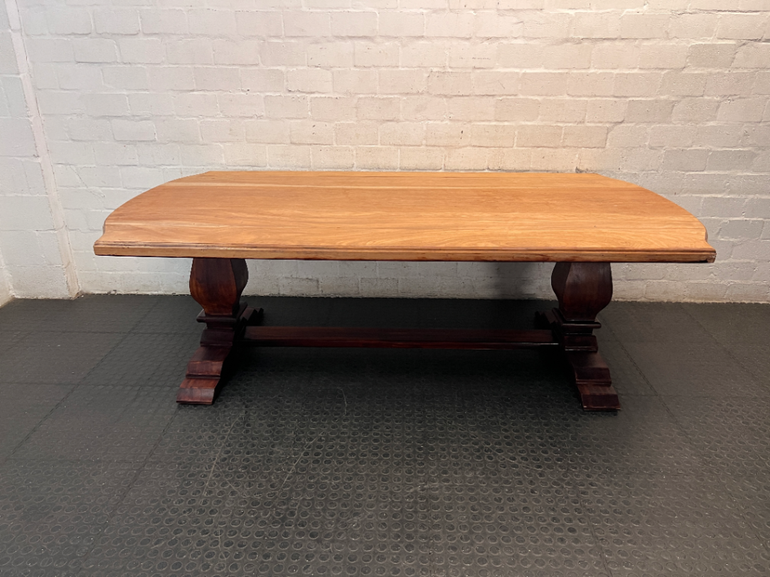 Two-Tone Wooden Trestle Dining Table — Visible Wear to Wood Surface