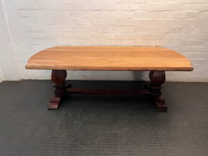 Two-Tone Wooden Trestle Dining Table — Visible Wear to Wood Surface