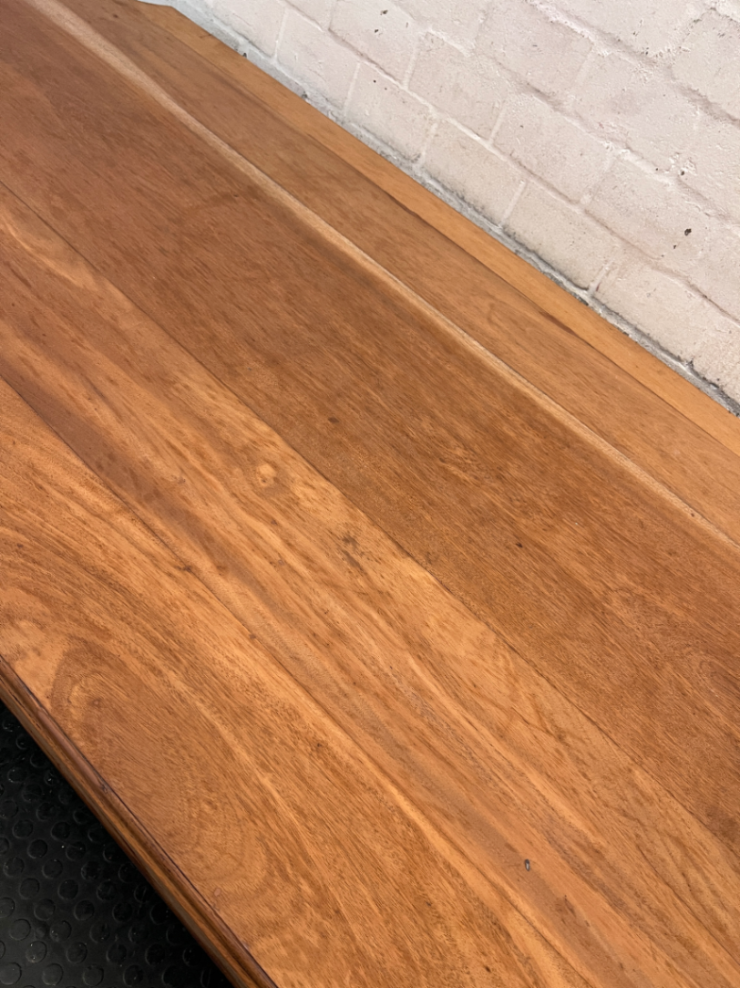 Two-Tone Wooden Trestle Dining Table — Visible Wear to Wood Surface