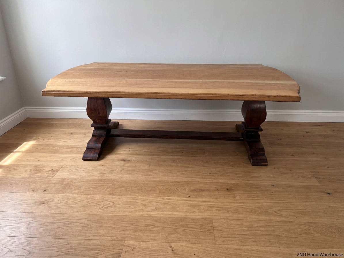 Two-Tone Wooden Trestle Dining Table — Visible Wear to Wood Surface